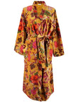 Powell Craft Velvet Mustard Floral naisten kimono-aamutakki valkoisella taustalla.
