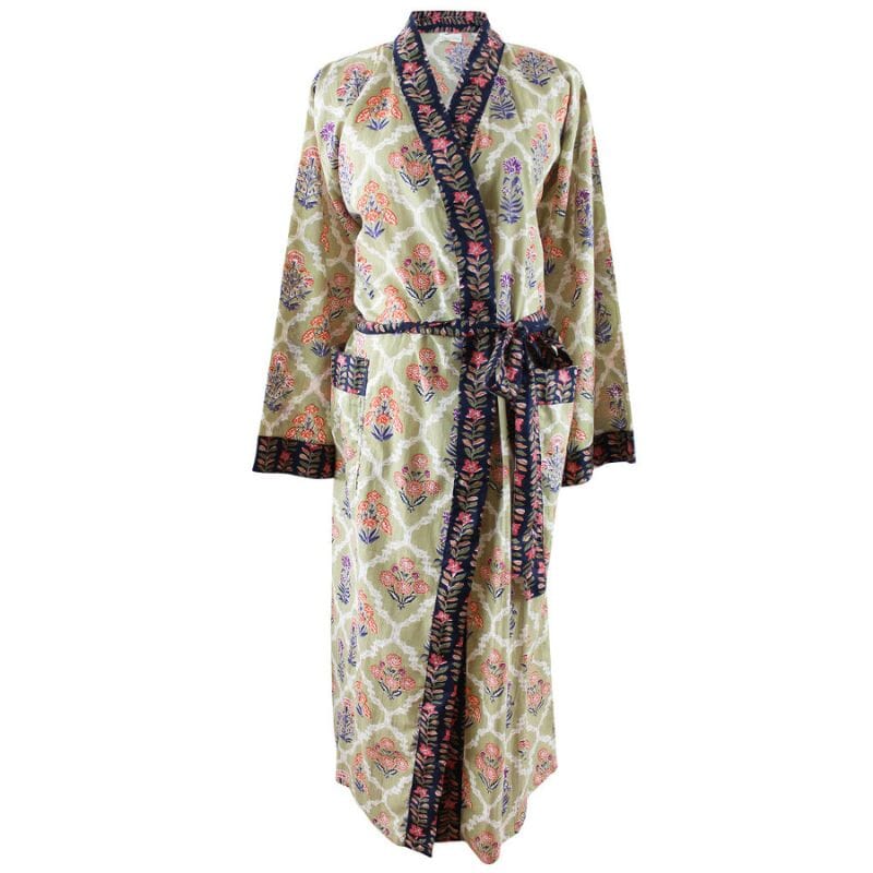 Powell Craftin Green Framed Small Floral Block Print kimono-aamutakki valkoisella taustalla.