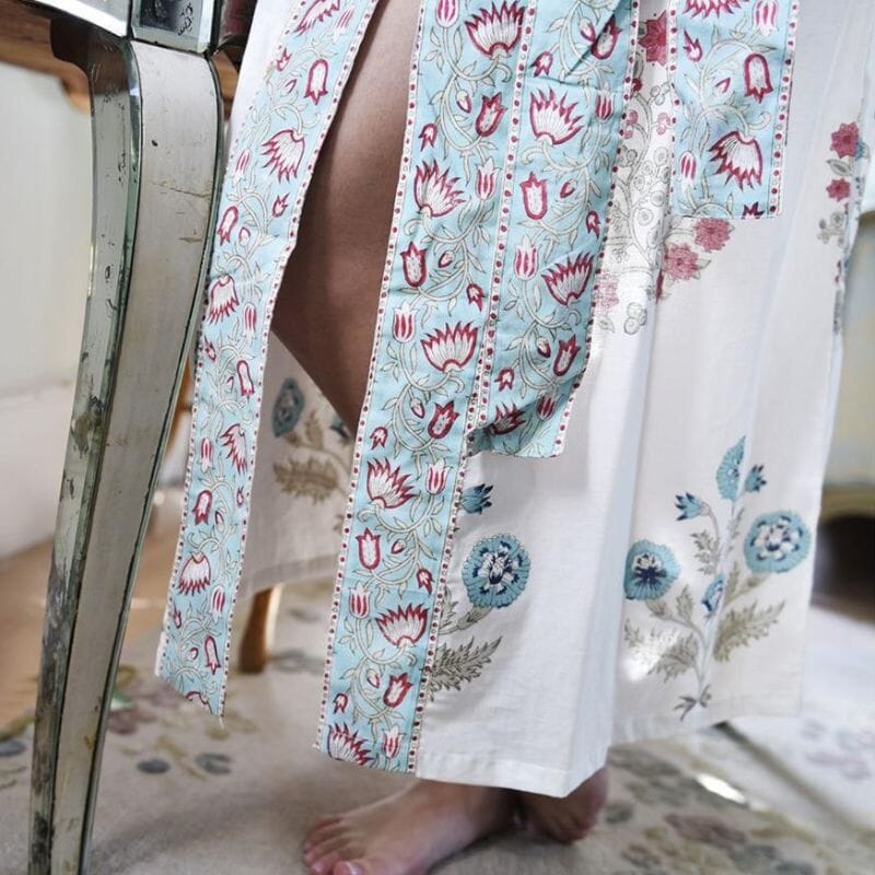 Blue & Pink Floral Block Print naisten kimono aamutakki Puuvillavaatteet Powell Craft 
