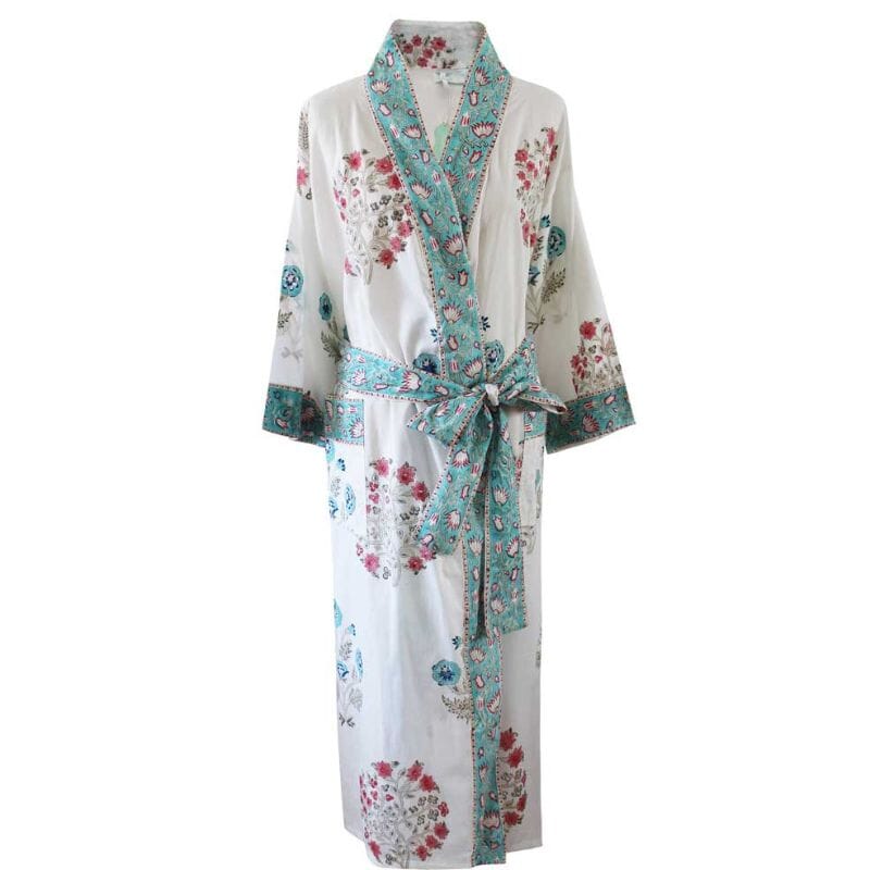 Blue & Pink Floral Block Print naisten kimono aamutakki Puuvillavaatteet Powell Craft 