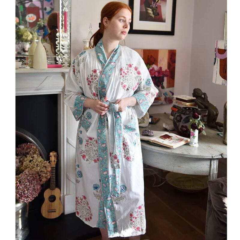 Blue & Pink Floral Block Print naisten kimono aamutakki Puuvillavaatteet Powell Craft 