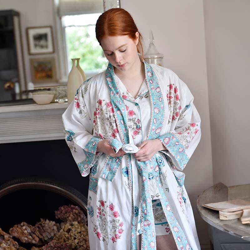 Blue & Pink Floral naisten kimono aamutakki Puuvillavaatteet Powell Craft 