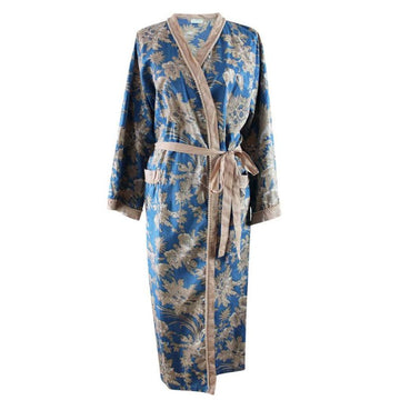 French Blue & Light Tan Large Floral Print naisten kimono aamutakki Puuvillavaatteet Powell Craft 