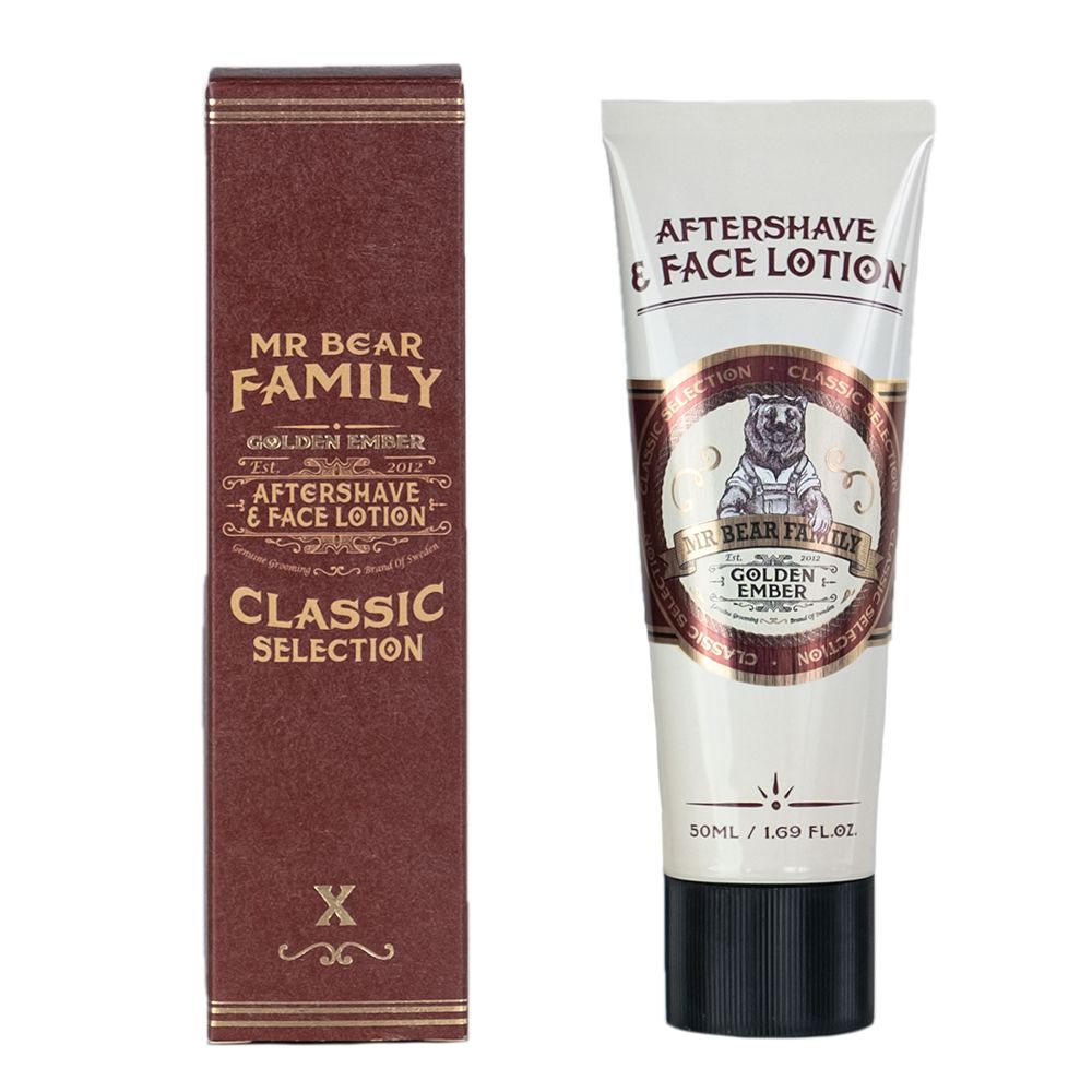Mr Bear Familyn Golden Ember Aftershave & Face Lotion 50ml kermanvaaleassa tuubissa, jonka etiketissä komeilee lappuhaalareihin pukeutunut karhu. Vieressä tuotteen tyylikäs pahvipakkaus.