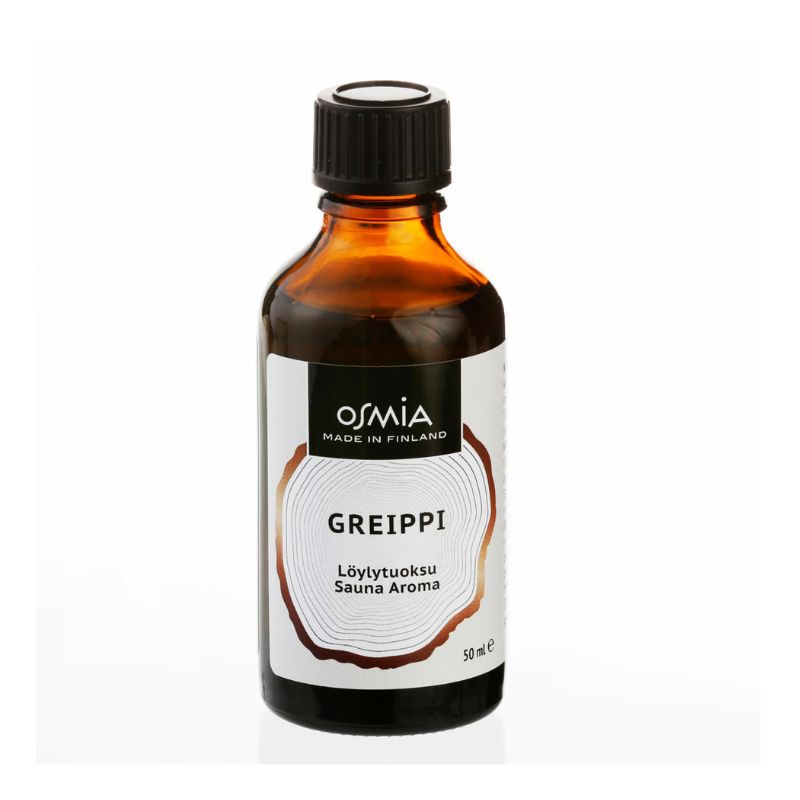 Osmian Greippi Löylytuoksu tuo kirpsakan makeaa vaihtelua löylyihin tuoksullaan. osmian löylytuoksut on valmistettu suomessa. Tuote on ruskeassa 50 ml lasipullossa mustalla kierrekorkilla, etiketti on vaalean sävyissä.