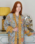 Grey coral & mustard floral naisten kimono aamutakki Puuvillavaatteet Powell Craft 