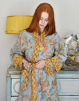 Grey coral & mustard floral naisten kimono aamutakki Puuvillavaatteet Powell Craft 