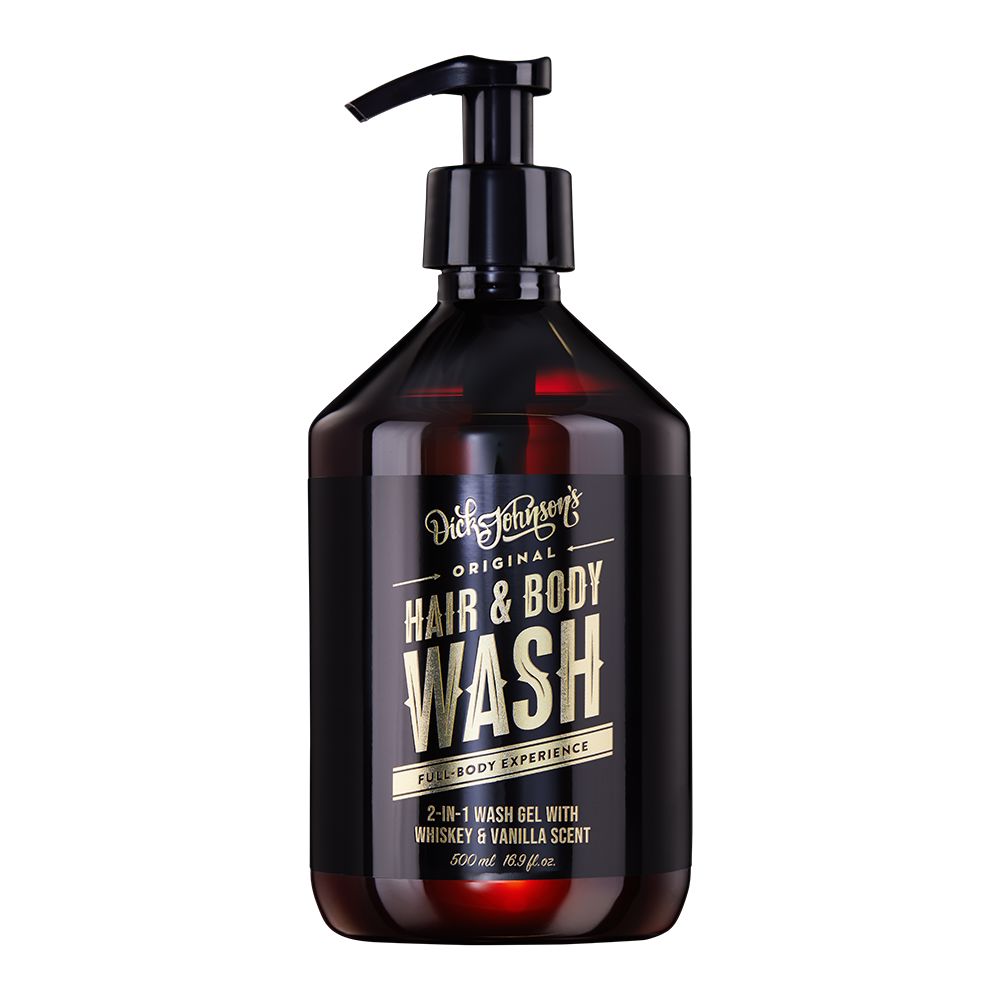 Dick Johnson's Hair & Body Wash Whiskey & Vanilla Shampoo 500ml tummassa pumppupullossa, jonka etiketin teksti kultaisella.