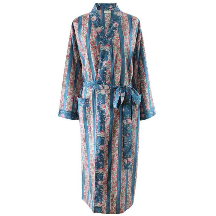 Inky Blue & Floral Striped naisten kimono aamutakki Puuvillavaatteet Powell Craft 