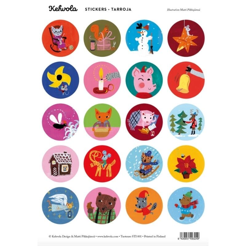 Kehvola Design -joulutarra-arkissa on 20 hauskaa jouluaiheista pyöreää tarraa.