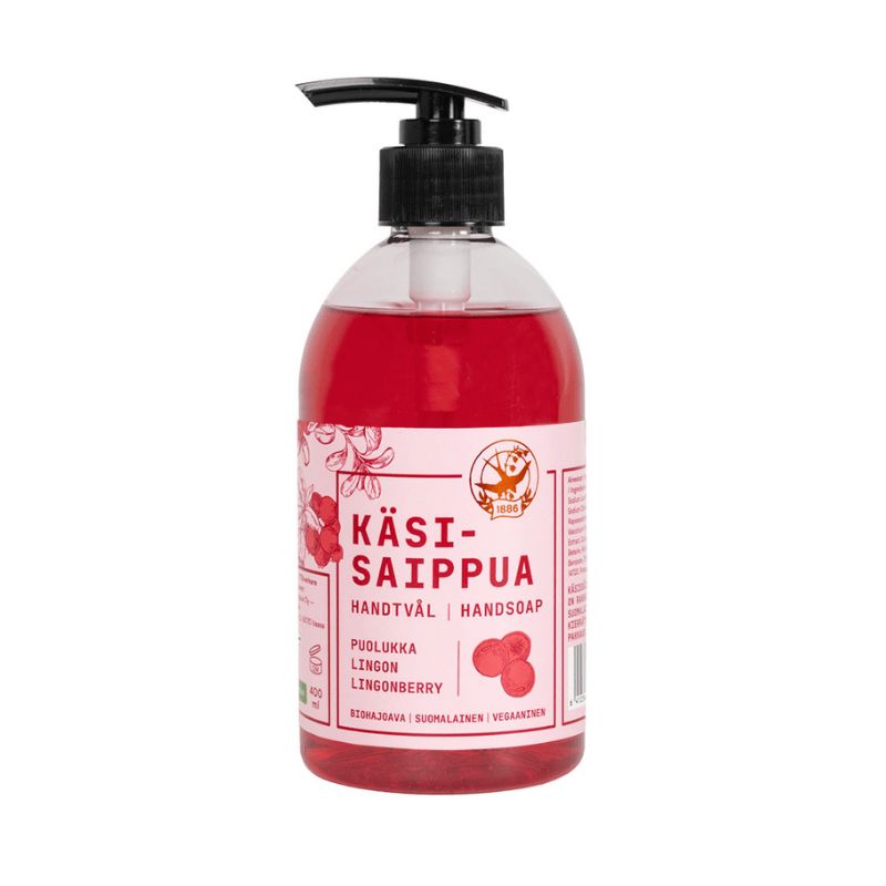 Vaasan aito saippuan punainen nestemäinen puolukka-käsisaippua 400ml kirkkaassa pumppupullossa, jossa vaaleanpunainen etiketti.