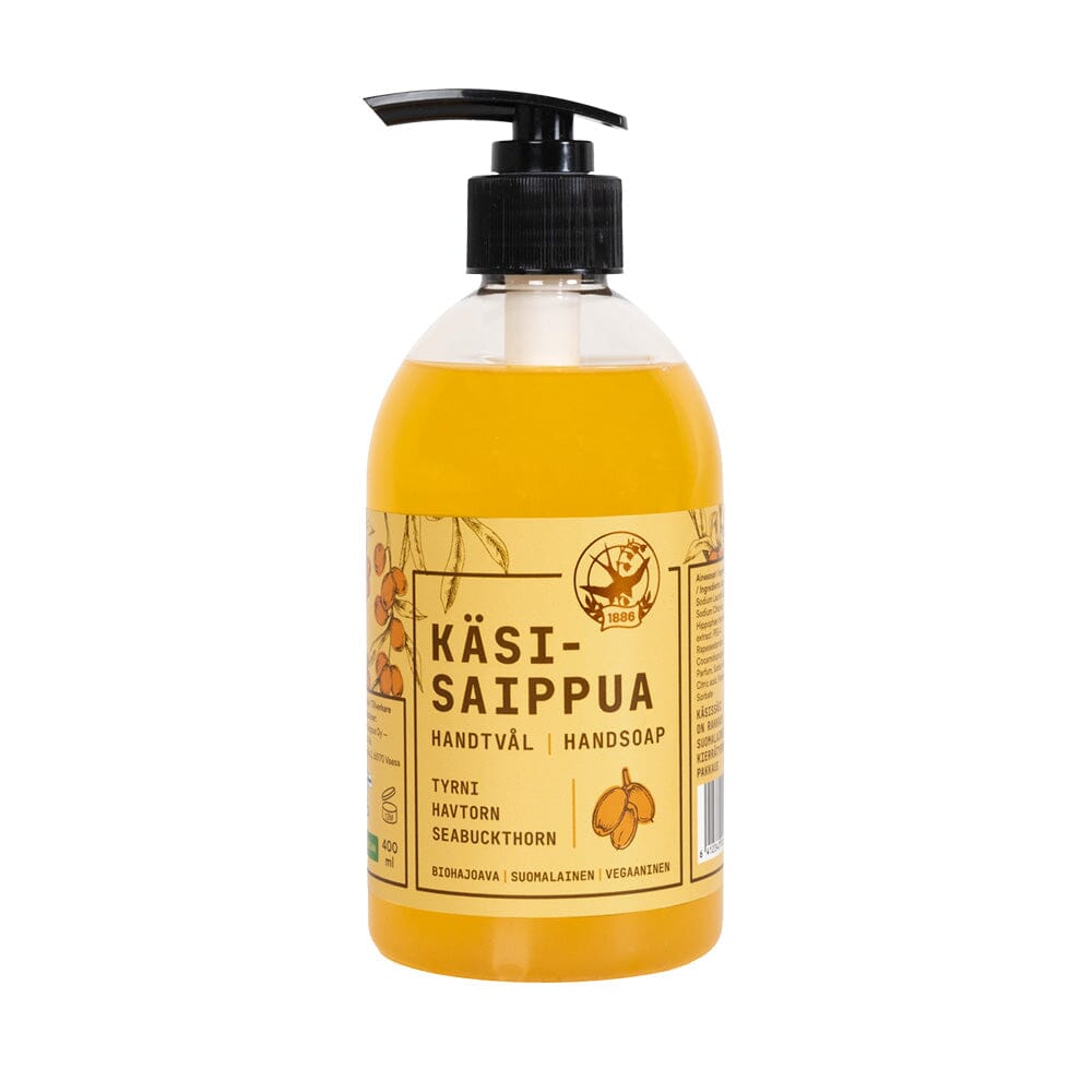 Vaasan aito saippuan kullankeltainen nestemäinen tyrni-käsisaippua 400ml kirkkaassa pumppupullossa, jossa keltainen etiketti.