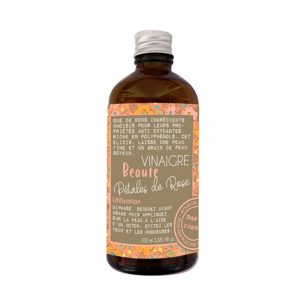 Mas du Roseaun ruusun terälehtiä ja siiderietikkaa sisältävä kasvovesi 'Vinaigre beaute - Petales de Rose' 100ml kauniissa kierrekorkillisessa ruskeassa lasipullossa.