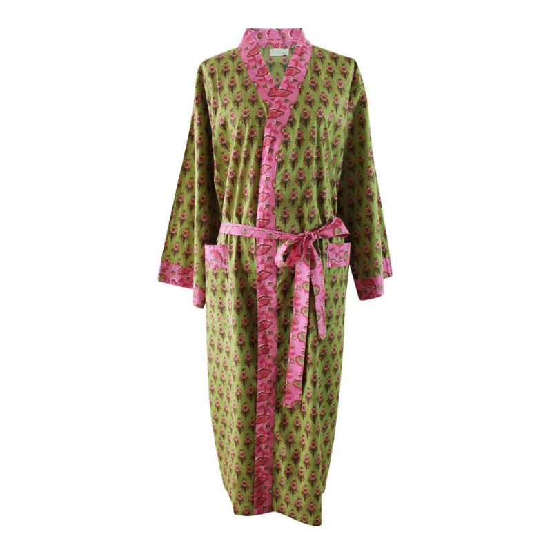Lime Green & Pink naisten kimono aamutakki Puuvillavaatteet Powell Craft 