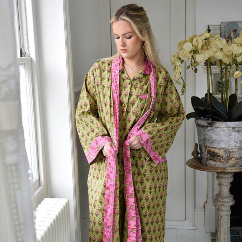Lime Green & Pink naisten kimono aamutakki Puuvillavaatteet Powell Craft 
