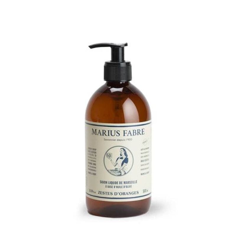 Marius Fabre Marseille Nestesaippua tuoksussa Vintage Appelsiini 500ml ruskeassa muovisessa pumppupullossa, jossa klassinen vaaleanruskea-sininen etiketti.