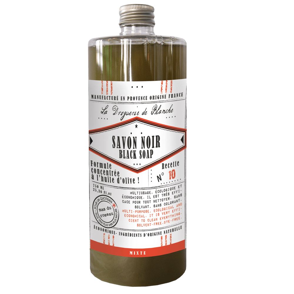 Mas du Roseaun nestemäinen musta saippua -tiiviste 750 ml kierrekorkillisessa pullossa. 