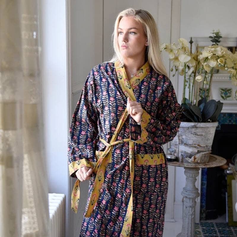 Navy Blue & Pink Lily kimono aamutakki Puuvillavaatteet Powell Craft 