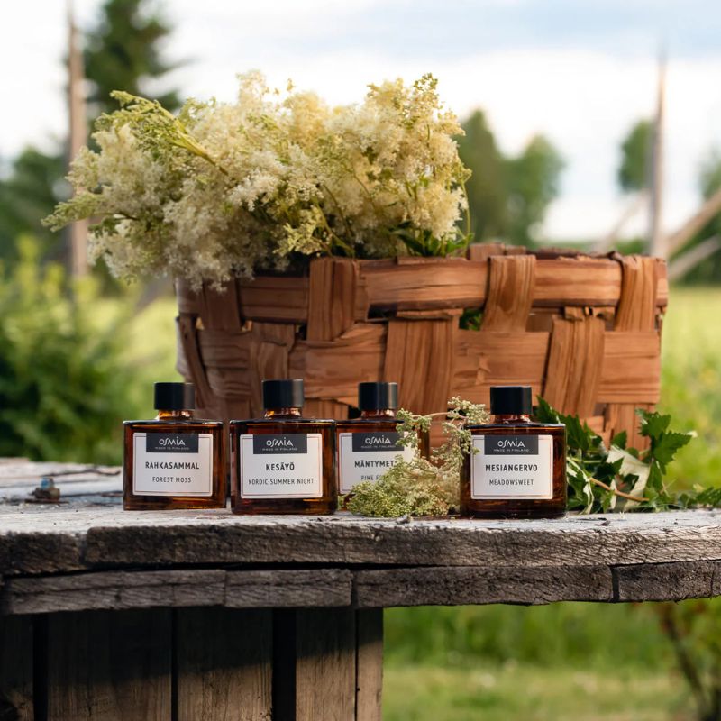 Osmian huonetuoksupulloja ja mesiangervonkukkia pursuava pärekori harmaantuneella puupöydällä, keskellä vehreintä suomalaista kesää.