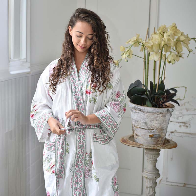 Pink & mint floral naisten kimono aamutakki Puuvillavaatteet Powell Craft 