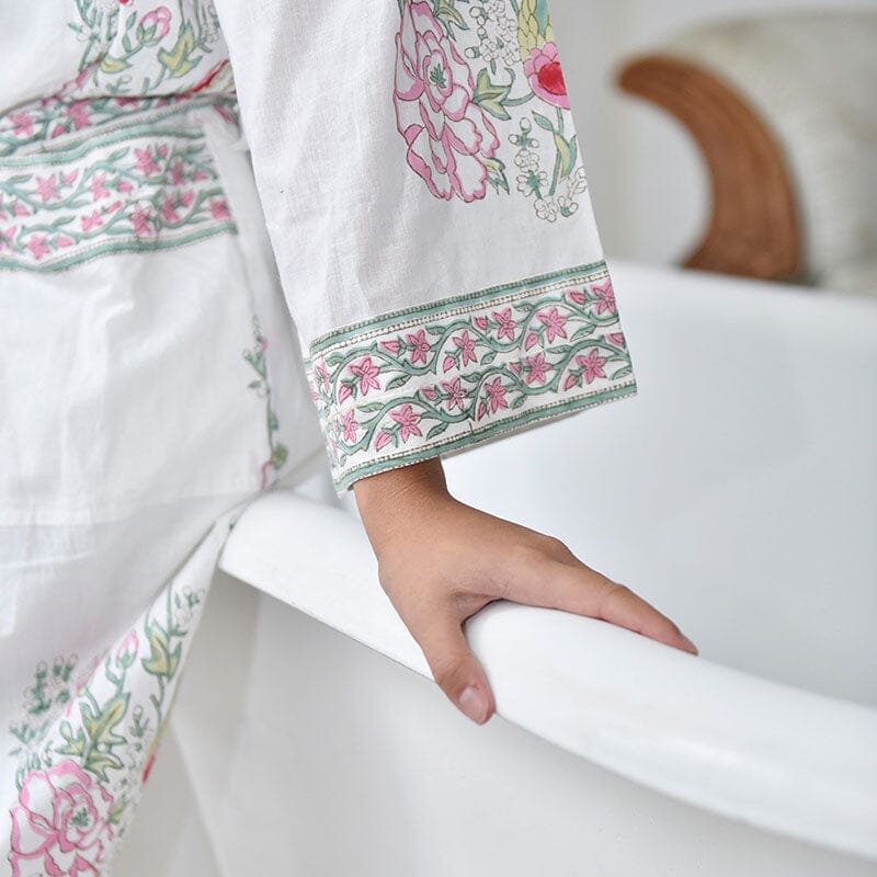 Pink &amp; mint floral naisten kimono aamutakki Puuvillavaatteet Powell Craft 