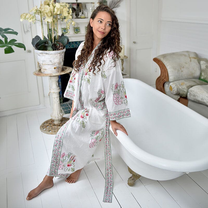 Pink &amp; mint floral naisten kimono aamutakki Puuvillavaatteet Powell Craft 