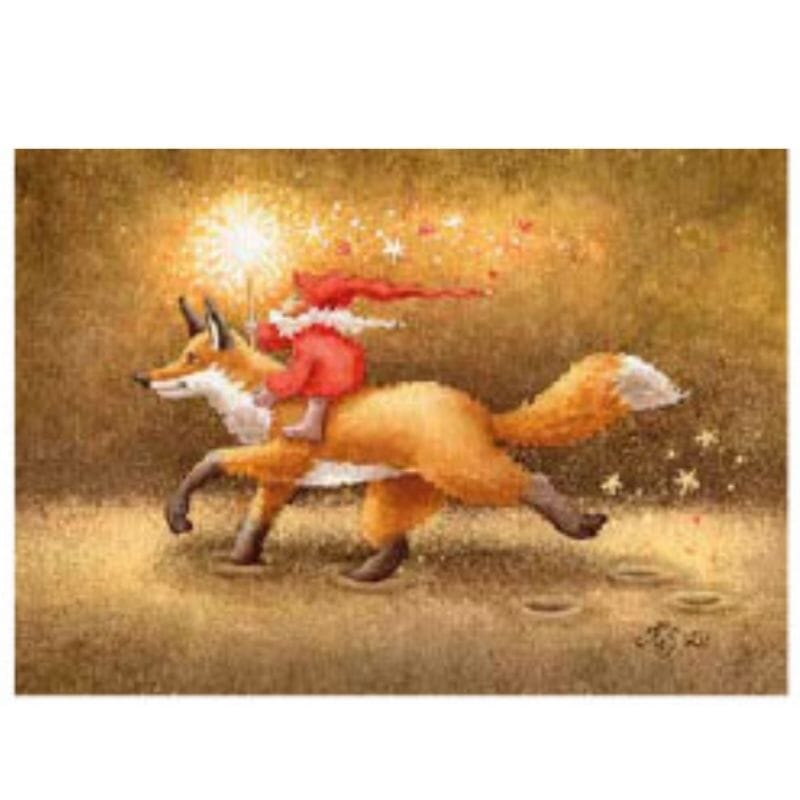 Katja Saarion Valon polku -postikortissa punanuttuinen tonttu ratsastaa ketun selässä tähtisädetikku kädessään.