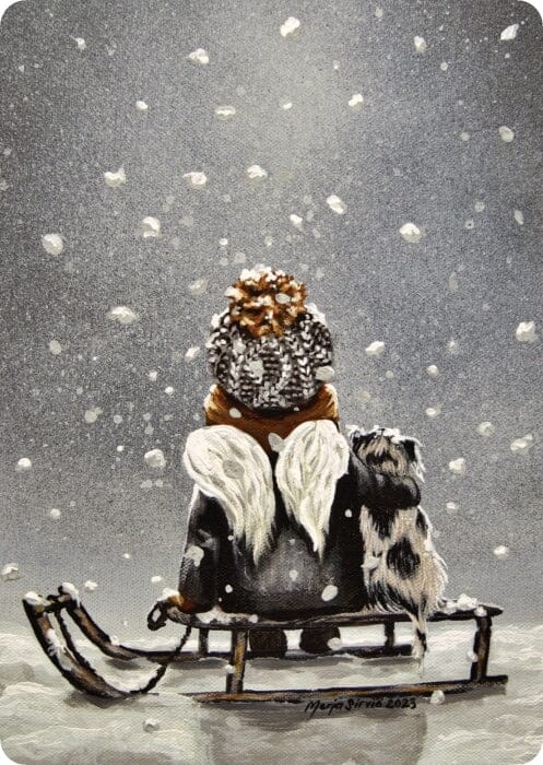 Merja Sirviö Artin Pumpulisade - joulukortissa pieni pipopäinen enkeli ja sen kainaloon painautunut mustavalkoinen koira istuvat lumisateessa puisen kelkan päällä, selät katsojaan päin.