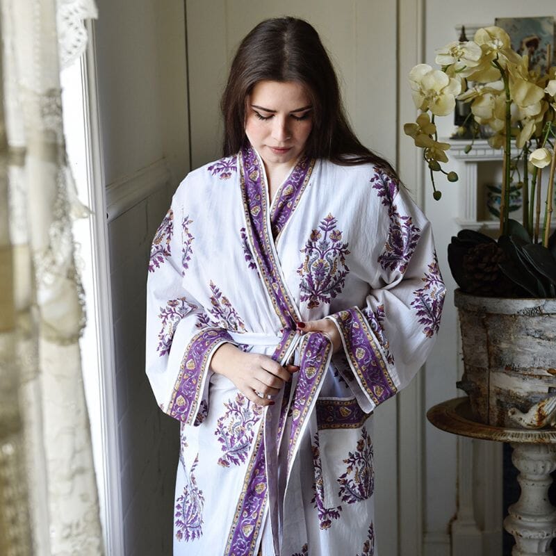 Purple Large Floral Block Print naisten kimono aamutakki Puuvillavaatteet Powell Craft 