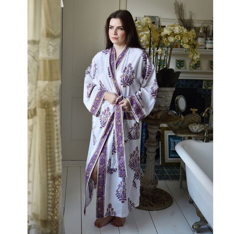 Purple Large Floral Block Print naisten kimono aamutakki Puuvillavaatteet Powell Craft 
