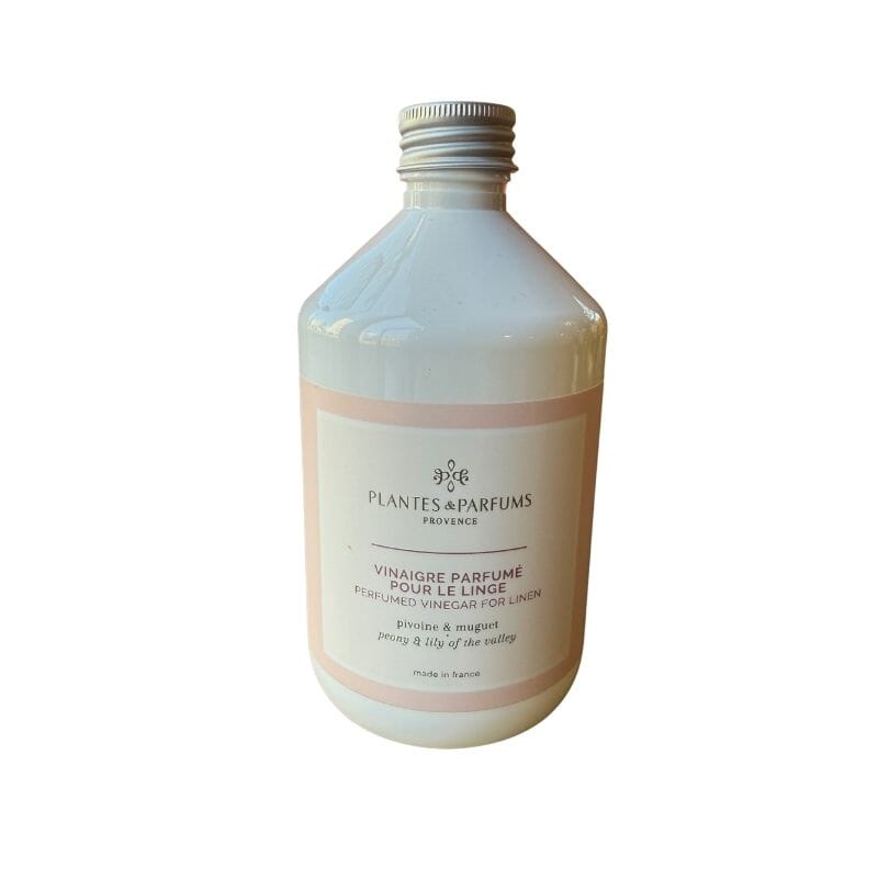Plantes & Parfums Provencen pionin ja kielon tuoksuinen pyykkietikka 'Pivoine & muguet' valkoisessa kierrekorkillisessa 500ml pullossa.