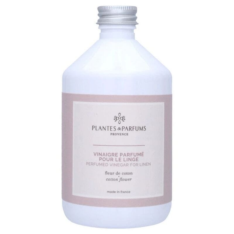 Plantes & Parfums Provencen puuvillankukan tuoksuinen pyykkietikka 'Fleur de coton' valkoisessa kierrekorkillisessa 500ml pullossa.