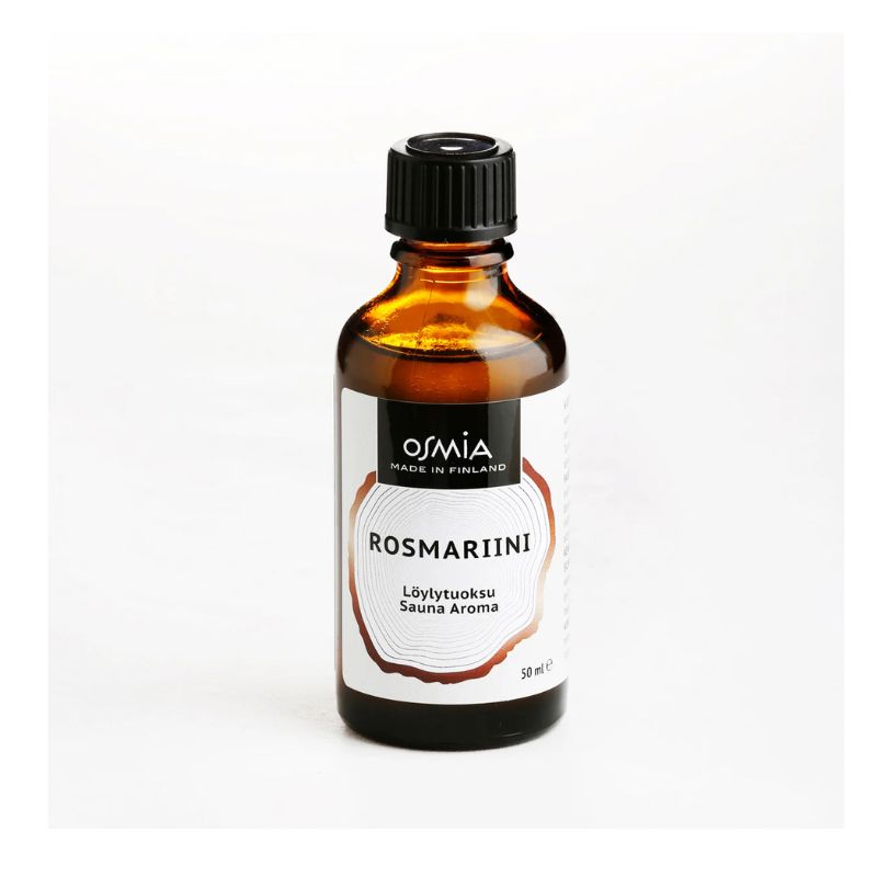 Osmia Rosmariini Löylytuoksu on hurmaavan raikas ja yrttinen, valmistettu vastuullisesti Suomessa. Tuote on ruskeassa 50 ml lasipullossa mustalla kierrekorkilla, etiketti on vaalean sävyissä.