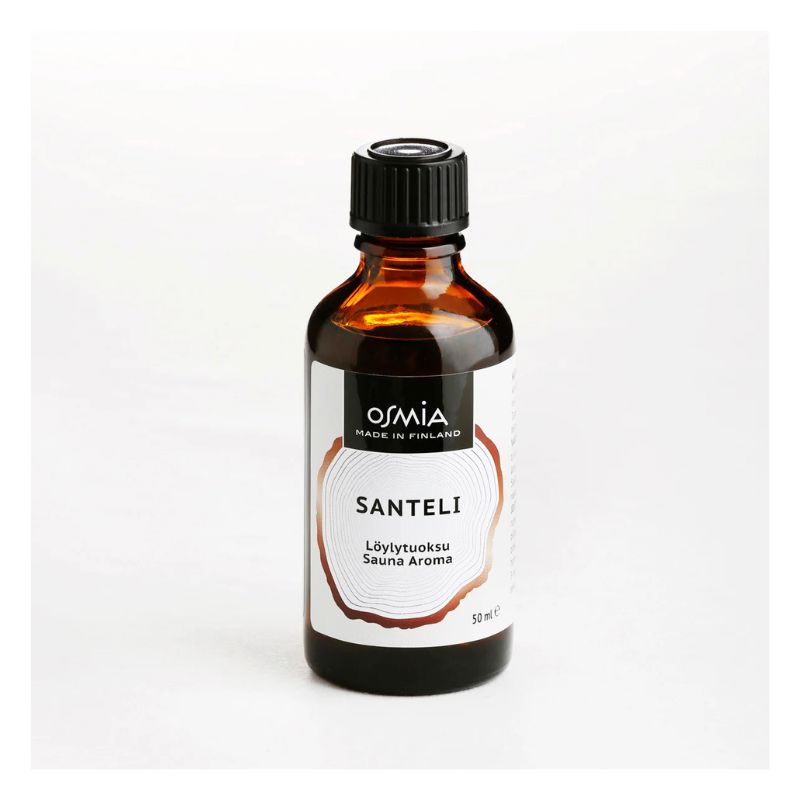 Osmian Santeli Löylytuoksun tuoksumaailma on pehmeän mausteinen ja syvän viipyilevä, valmistettu vastuullisesti Suomessa. Tuote on ruskeassa 50 ml lasipullossa mustalla kierrekorkilla, etiketti on vaalean sävyissä.