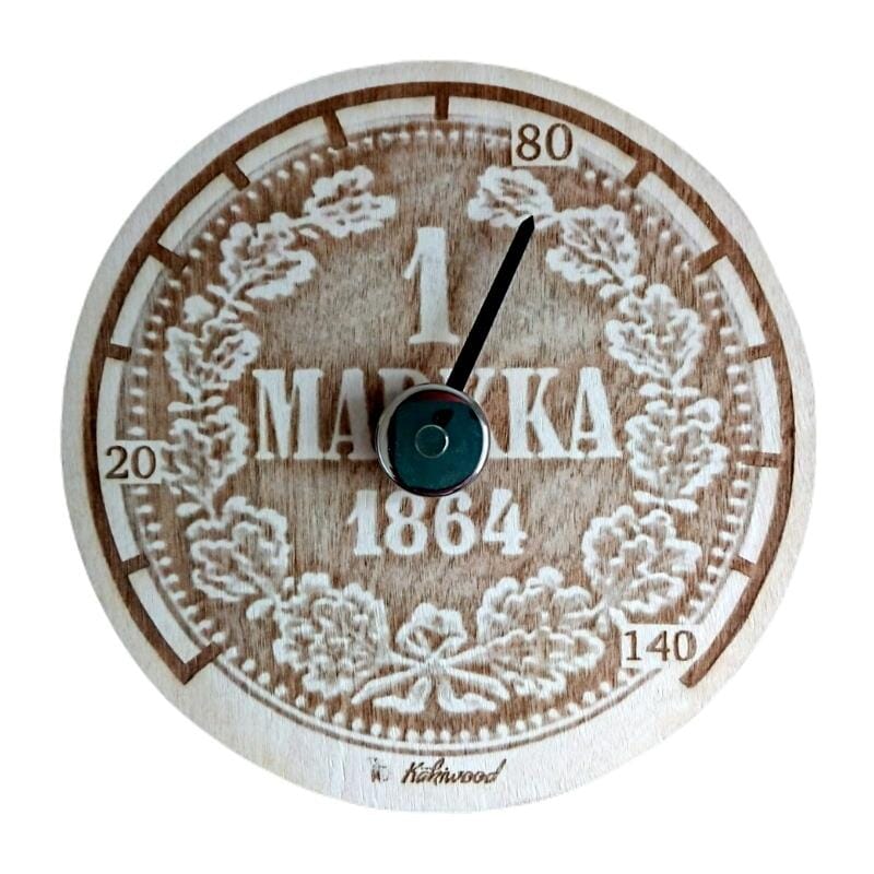 Löylymittari taustaan laserkaiverrettu kuva ensimmäisestä Suomessa painetusta hopeamarkasta vuodelta 1864.