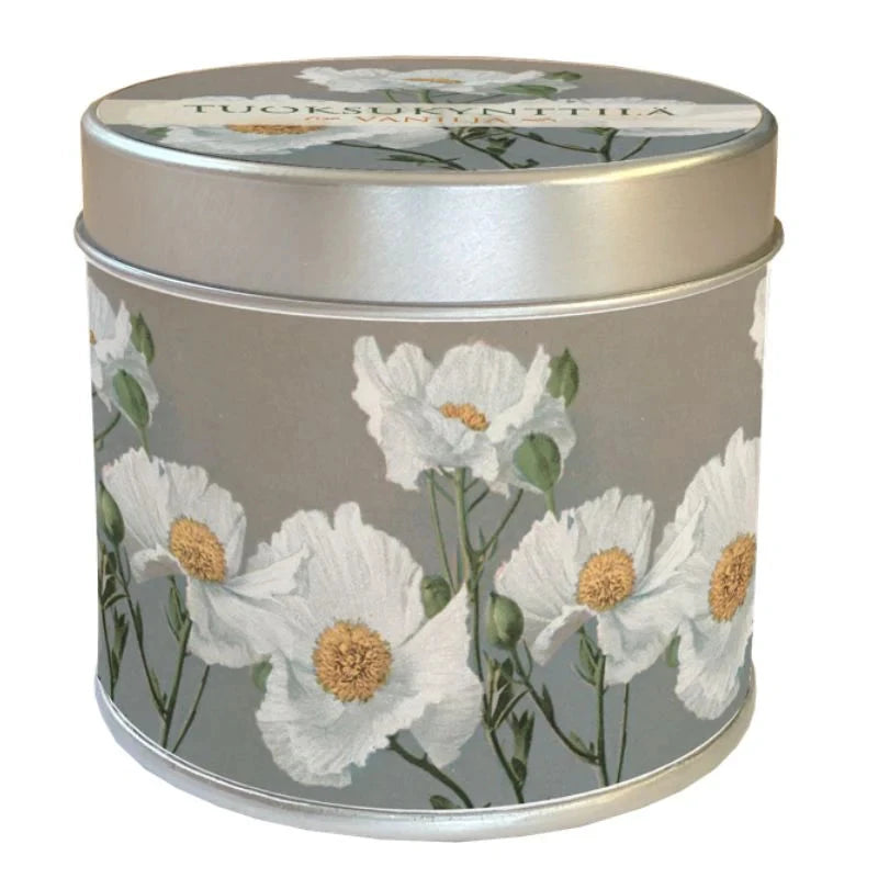 Sköna Ting Vanilja tuoksukynttilä, lämmin harmaa peltipurkki kukkakoristeilla – 100 % soijavahaa, noin 30 h paloaika