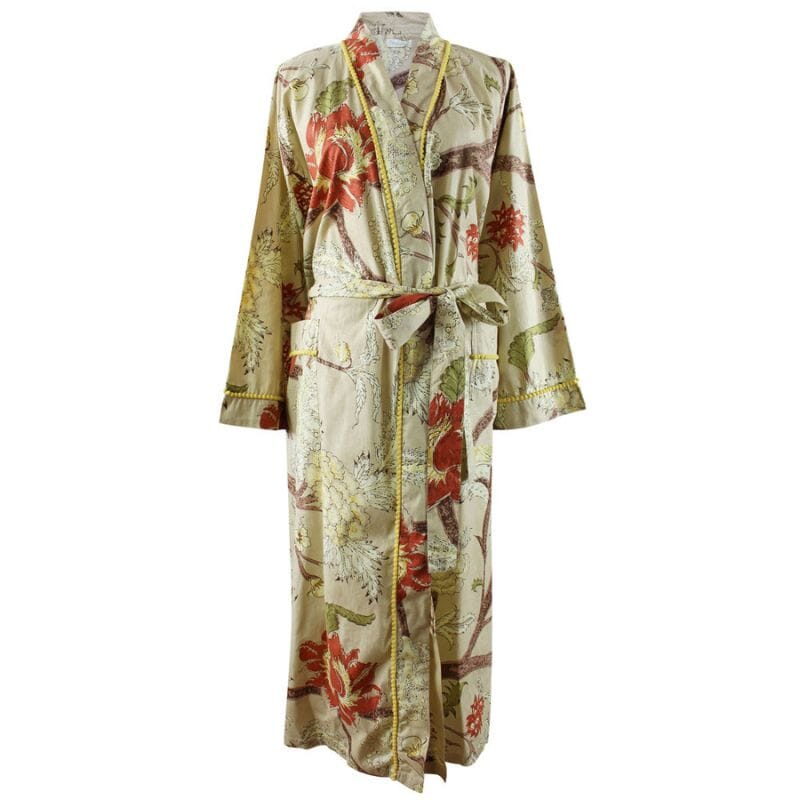 Powell Craftin Beige, Olive & Burnt Orange Large Botanical Print -kimono-aamutakki valkoisella taustalla.