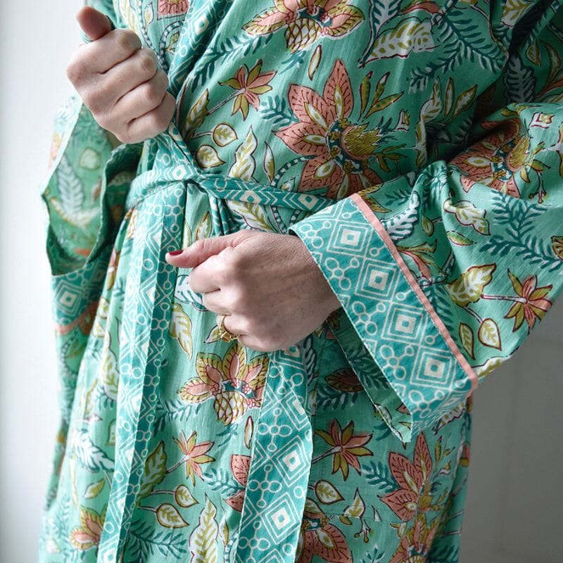 TARKISTA HINTA Turquoise, Pink & Olive Block Floral Print kimono aamutakki Puuvillavaatteet Powell Craft 