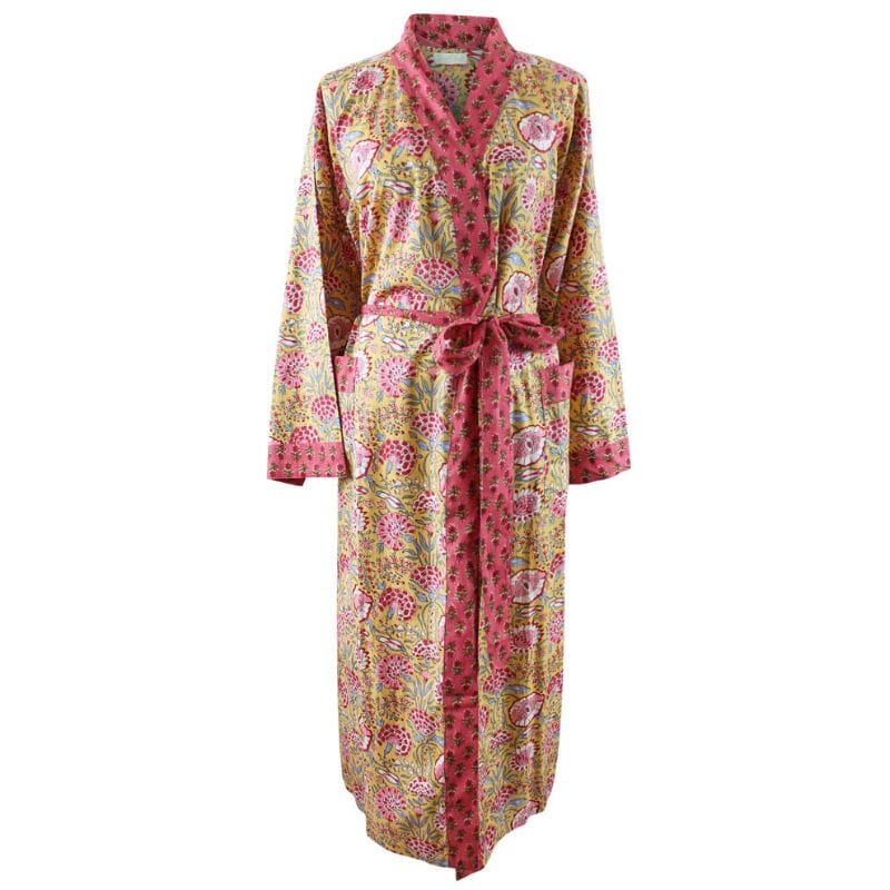 TARKISTA HINTA Yellow & Pink Carnation Print Dressing Gown Puuvillavaatteet Powell Craft 