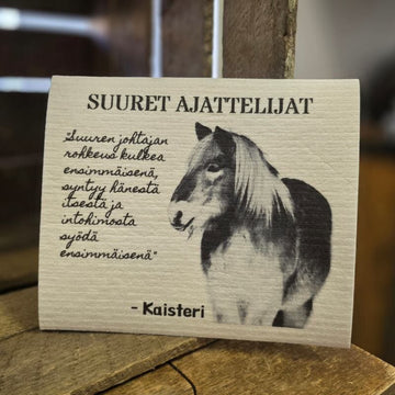 Biohajoava tiskirätti tekstilla 'Suuren johtajan rohkeus kulkea ensimmäisenä, syntyy hänesta itsestä ja intohimosta syödä ensimmäisenä.' - Kaisteri