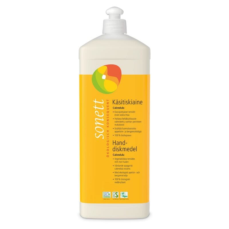 Sonett kehäkukka-käsitiskiaine 1L valkoisessa muovipullossa, jossa keltainen etiketti.