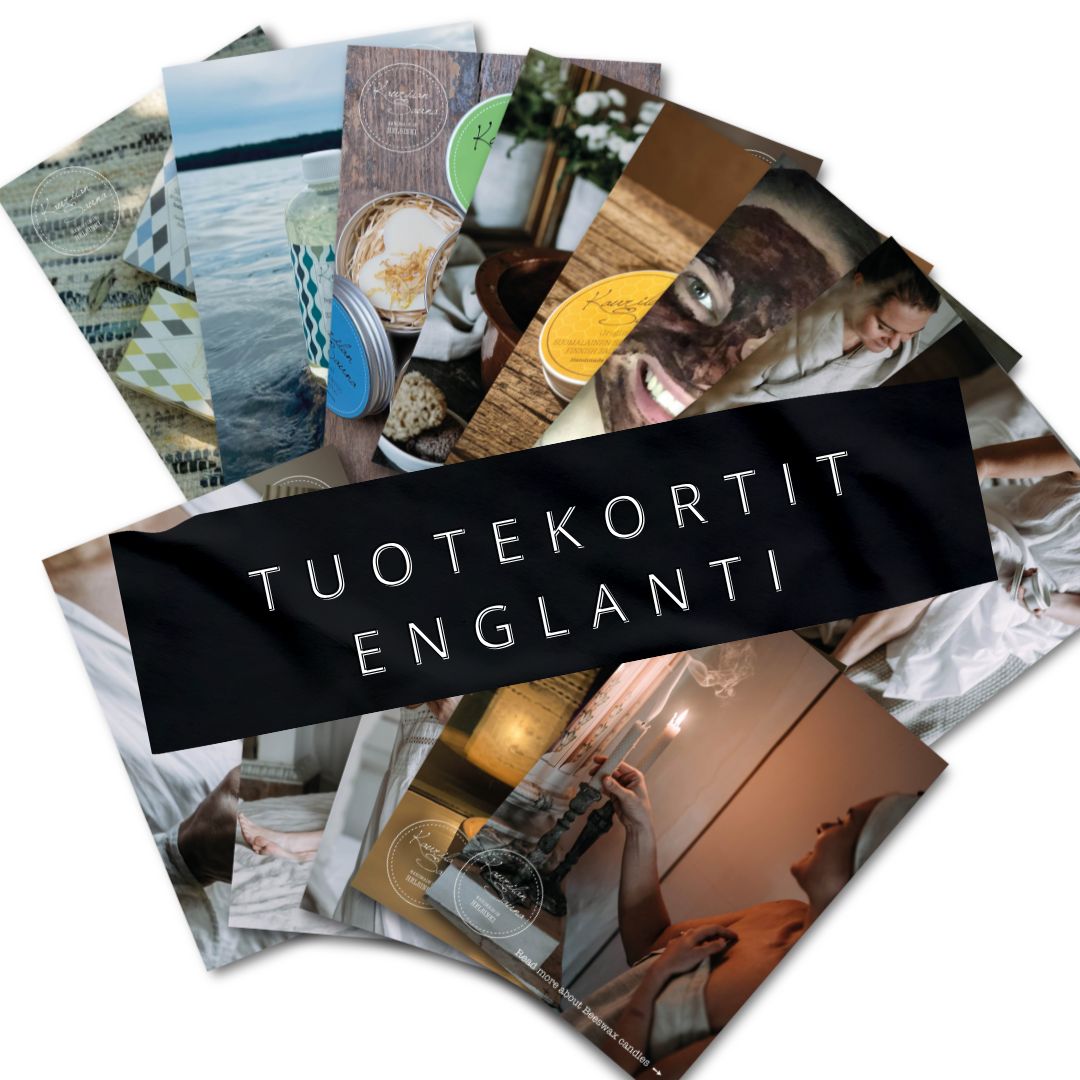 Kaurilan Saunan Tuotekortit Englanniksi - 6 kpl - markkinointimateriaali