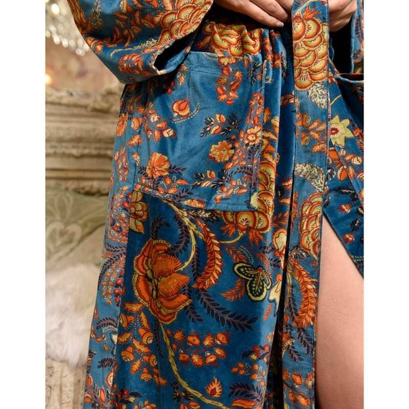 Velvet Blue & Yellow Floral Print Dressing Gown With Satin Lining Puuvillavaatteet Powell Craft 