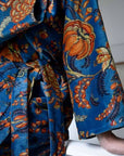 Velvet Blue & Yellow Floral Print Dressing Gown With Satin Lining Puuvillavaatteet Powell Craft 