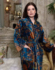 Velvet Blue & Yellow Floral Print Dressing Gown With Satin Lining Puuvillavaatteet Powell Craft 