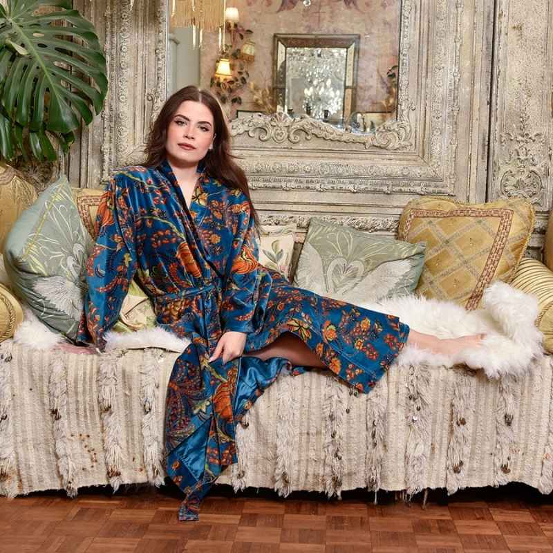 Velvet Blue & Yellow Floral Print Dressing Gown With Satin Lining Puuvillavaatteet Powell Craft 