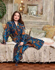 Velvet Blue & Yellow Floral Print Dressing Gown With Satin Lining Puuvillavaatteet Powell Craft 