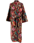 Powell Craft Velvet burgundy floral naisten puuvillainen kimono-aamutakki valkoisella taustalla.