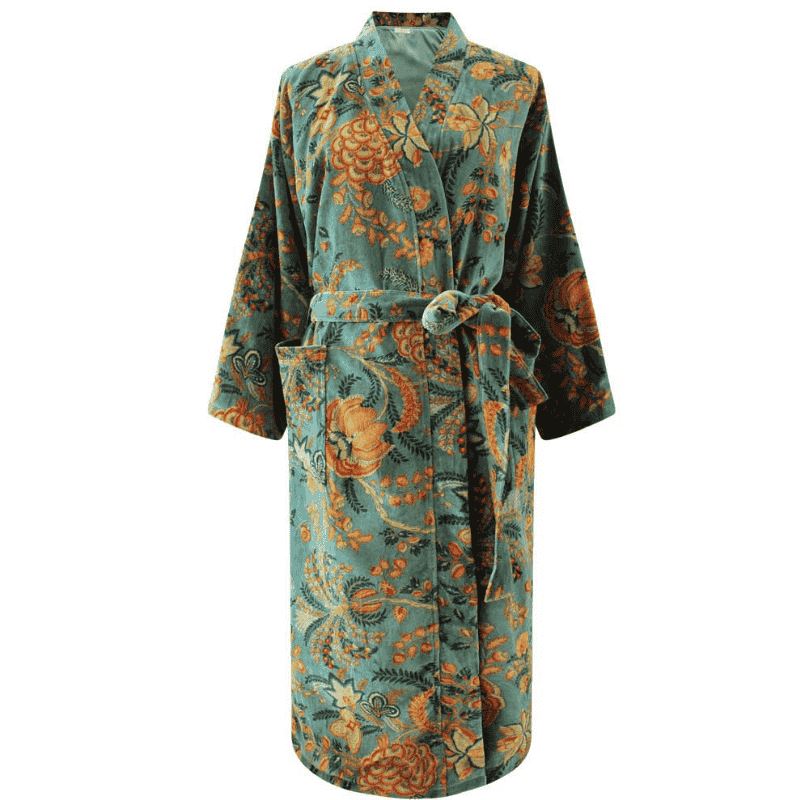 Velvet Green Orange &amp; Blue Floral naisten kimono aamutakki Puuvillavaatteet Powell Craft 