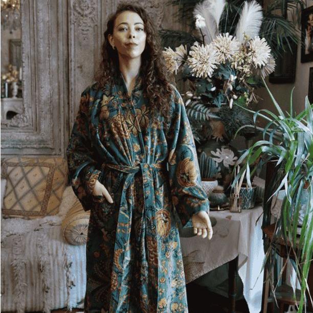 Velvet Green Orange &amp; Blue Floral naisten kimono aamutakki Puuvillavaatteet Powell Craft 